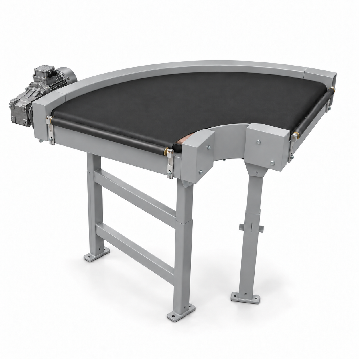 Render della curva di trasporto AR002 a 90° con motoriduttore, carter grigi uniformi e gambe regolabili